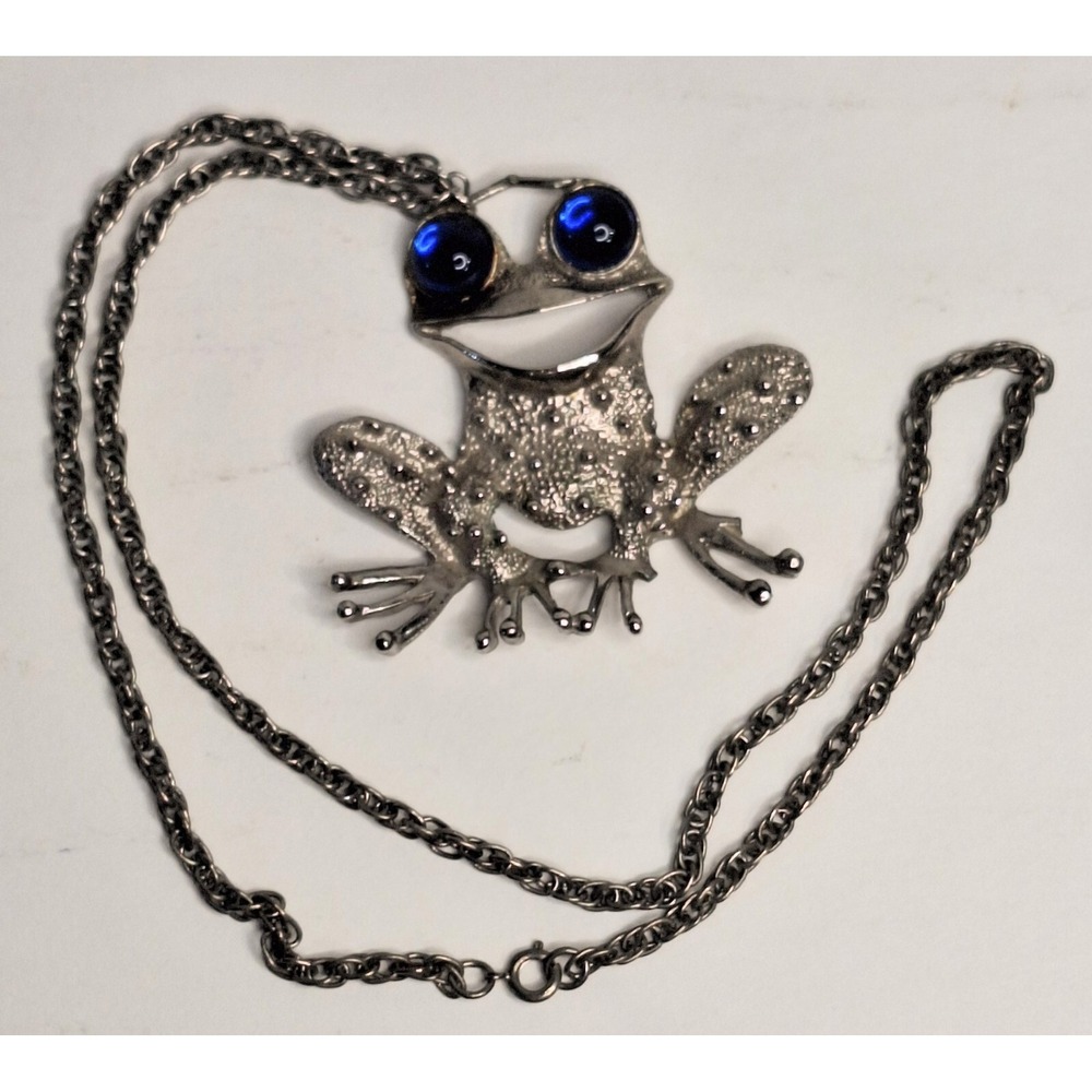 Vtg Frog‎ Toad Necklace Blue Eyes Silver Tone